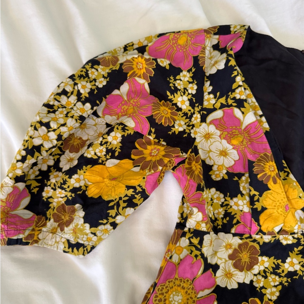 Free People Cotton Floral V-Neck Dress with Puff Sleeves - Picture 3 of 8